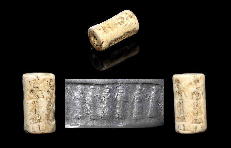 Beautiful large Mespotamian cylinder seal in shell, late 3rd. mill. BC