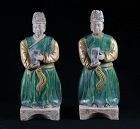 Pair of Large Sancai Glazed Ming Pottery figure Attendants w. Books!