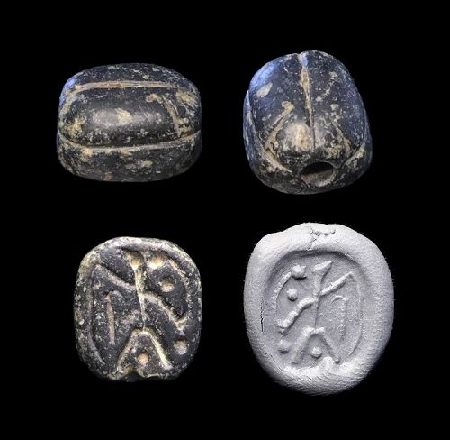 Nice scarab stamp seal w warrior, Mesopotamia c. mid 2nd. mill. BC