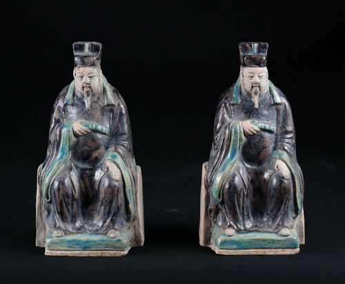 Pair of Ming Dynasty Pottery Figures of Seated Officials, 1368-1644