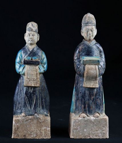 Pair of Ming Dynasty Pottery Figures of Attendants, 1368-1644