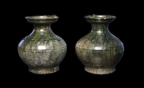 Fine pair of Chinese green glazed pottery vases, Han Dynasty