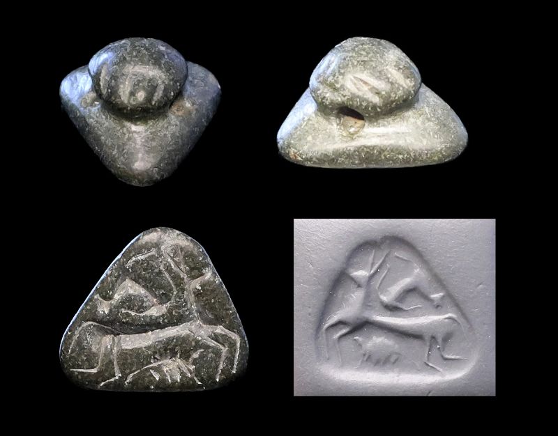 Lovely Triangular serpentine stamp seal w handle, c. 1200-800 BC