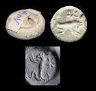 Interesting Egyptianized faience stamp seal w jackal, 1st. mill