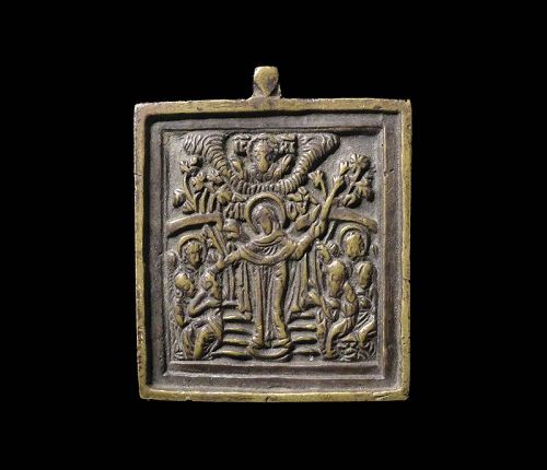 Lovely early brass alloy travellers Icon, Russia, c. 17th. cent. AD.