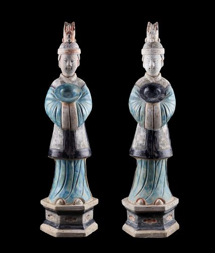 Superb matching pair of Ming Dynasty pottery figures, 49 cm!