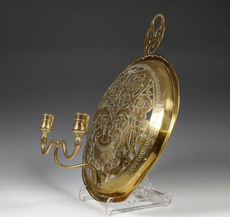 Large brass shield double candlestick, Netherlands, c. 1730-1760