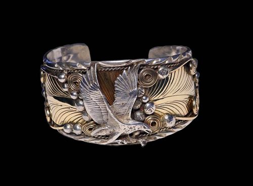 Lovely sterling silver and gold Navaho Indian Bracelet w Eagle!