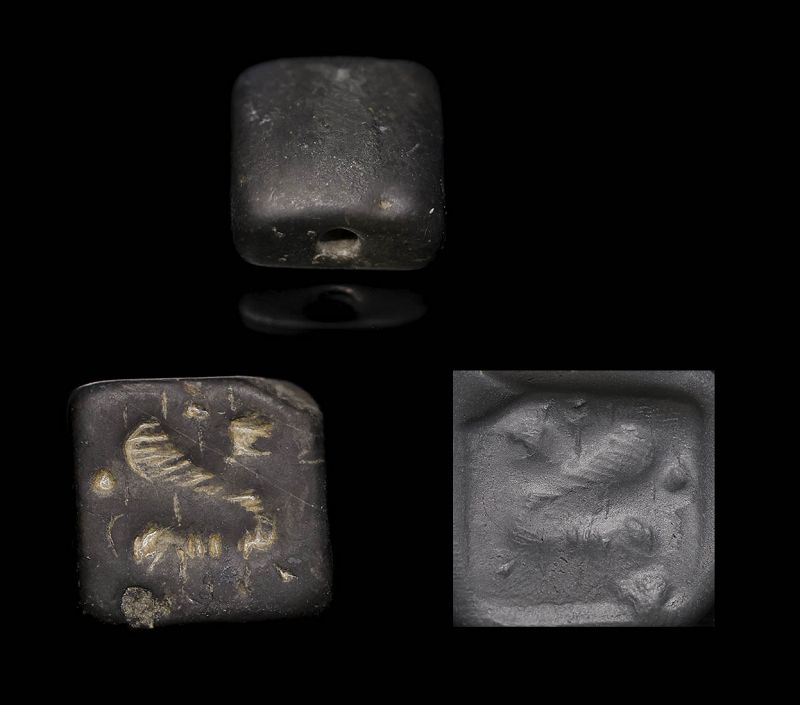 Square Assyrian stone stamp seal w Griffin, c. 1400-1200 BC
