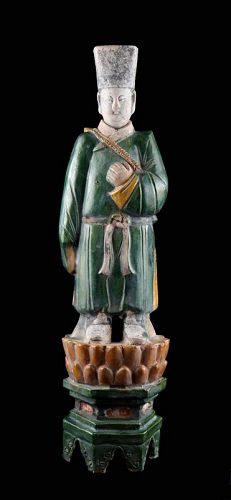 XL & Decorative Male Ming Dynasty Pottery Attendant on Lotus Throne!