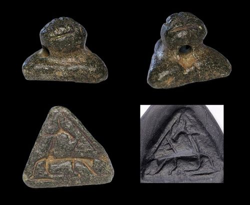 Patinated triangular serpentine stamp seal w handle, c. 1200-800 BC