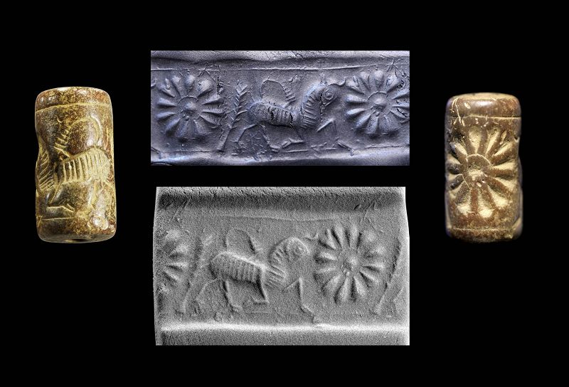 High quality Neo-Assyrian cylinder seal w winged animal, 9th.cent. BC