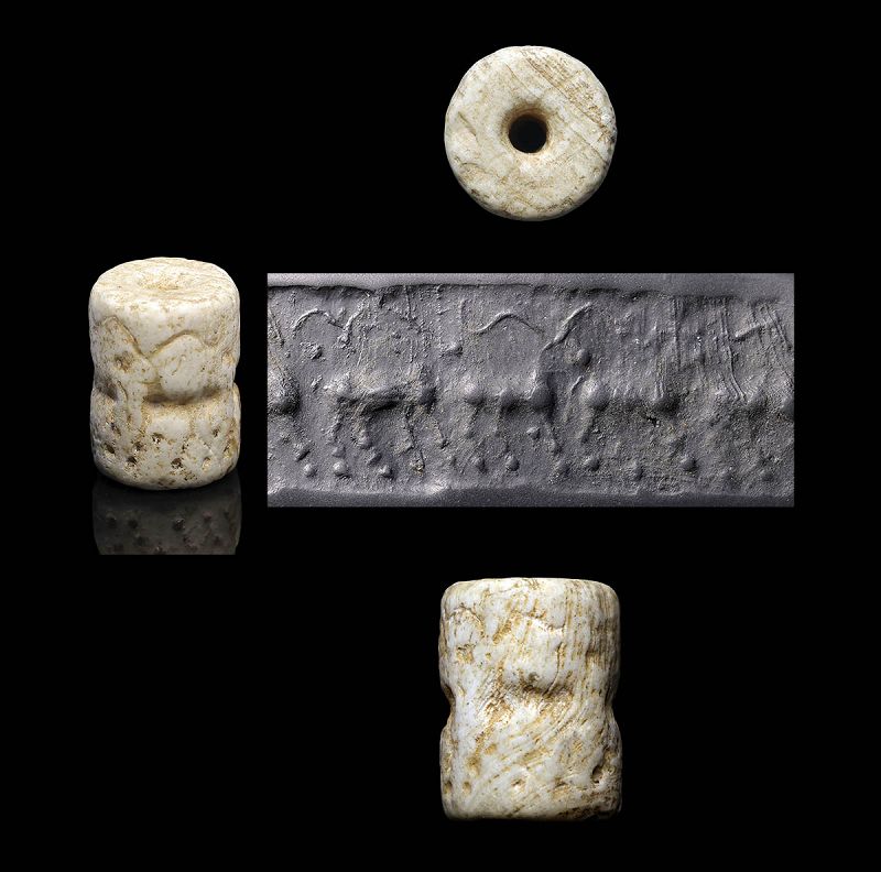 Massive white stone cylinder seal, Mesopotamia Jemdet Nasr, c. 3000 BC