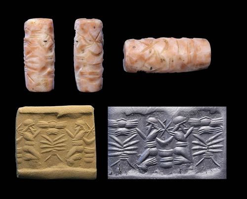 Assyrian Cylinder seal in Pink stone w Emblem of Assur, 9th.-8th. c