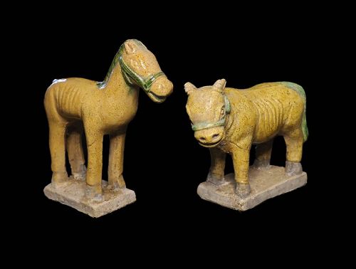 Pair of Chinese Sancai glazed Tomb pottery figures of Horse & Cow