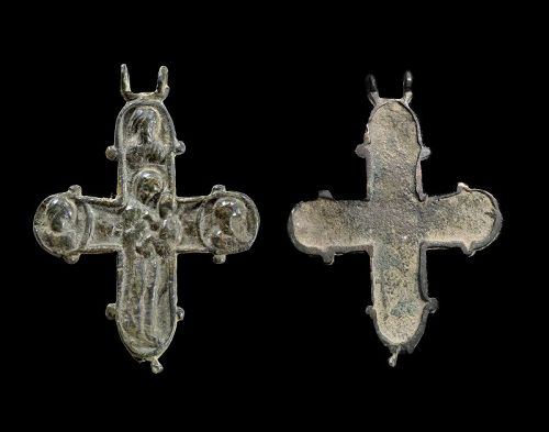 Fine early Byzantine Encolpion bronze cross, c. 8th. cent. AD