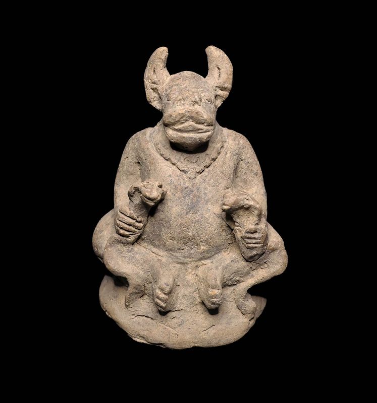Ceramic figure of horned god w Cobras, Java, Majapahit
