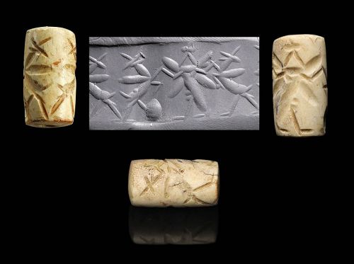 Nice Neo-Assyrian cylinder seal w Pazuzu fighting winged Bulls