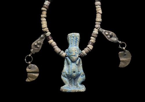 Large torquise faience amulet of Dwarf god Bes, Egypt 600-100 BC