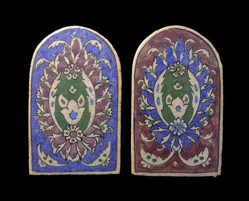 Interesting intact pair of old antique Islamic ceramic glazed tiles