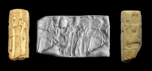 Very large white stone cylinder seal, mesopotamia, 2nd. mill. BC