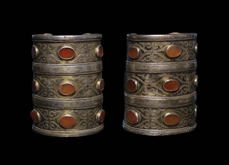 Pair of antique massive Turmenistan silver carnelian Cuff bracelets