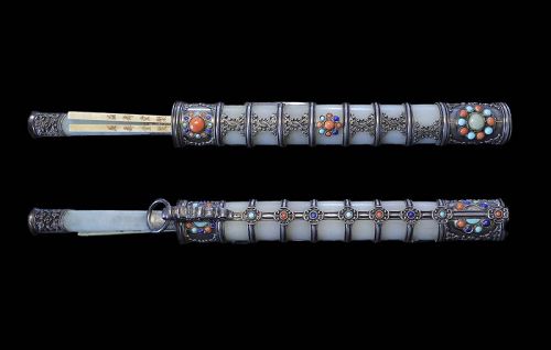 Museum quality Jade, Silver and Gems eating Knife Set, Mongolian