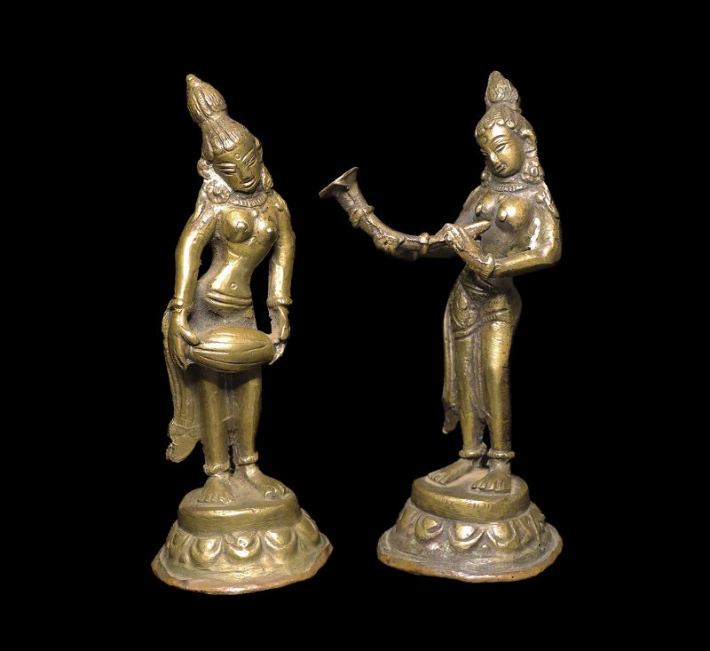 Pair of brass female dancers, Nepalese 19th century