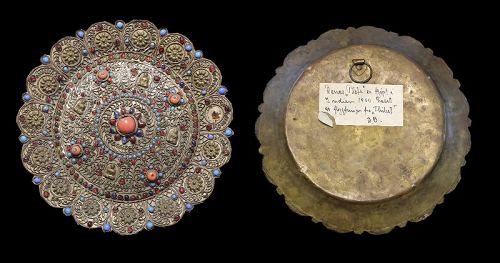 Interesting and scarce Tibetan mixed metals ceremonial dish w gems