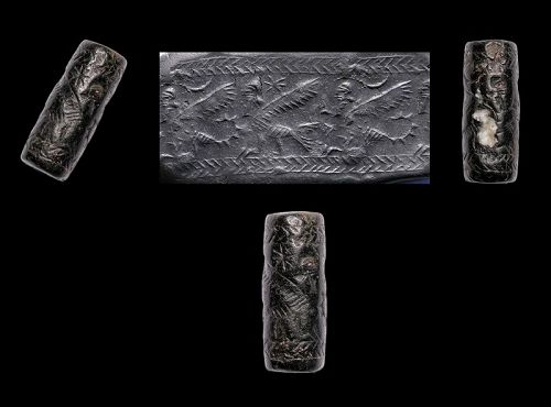 Interesting Assyrian blackstone cylinder seal w Scorpio and fish-man!