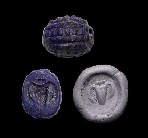 Fine Hittite Lapis scaraboid Stamp seal with ram symbol, 2nd. mill. BC