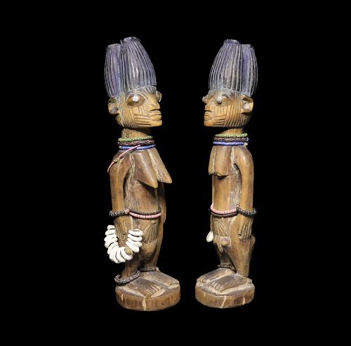 Fine pair of wooden Yoruba Ibeji twin figures, Nigeria, old prov!