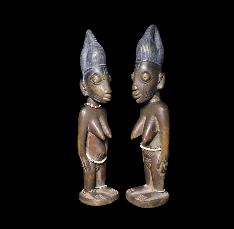 High quality pair of XL Yoruba Ibeji twin figures, Nigeria, 19th. cent