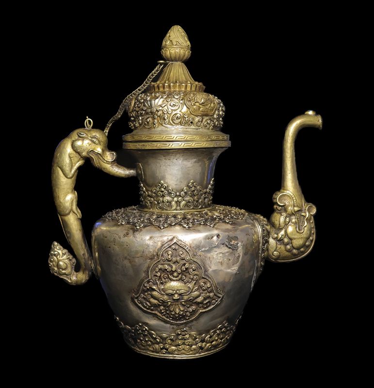 Large and elaborate silver ewer with gilt mounts Sino-Tibetan 19th. c.