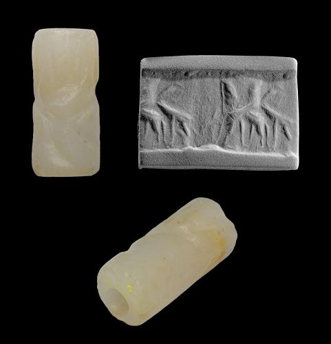 Early dynastic white aragonite Mesopotamian cylinder seal, 2600 - 2340