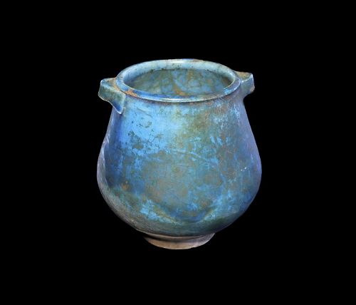 Rare Islamic torquise pottery jar w handles, c.10th. Cent AD.