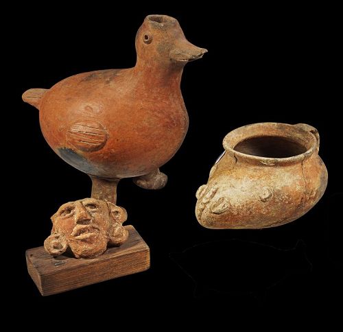 Lot of three ancient Pre-Columbian ceramics, incl. large duck vessel!