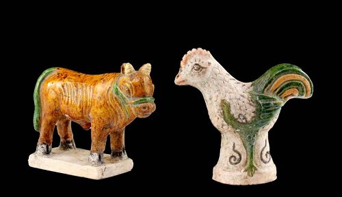 A fine pair of Tomb pottery Figures of a Cow & Sheep, Ming Dynasty