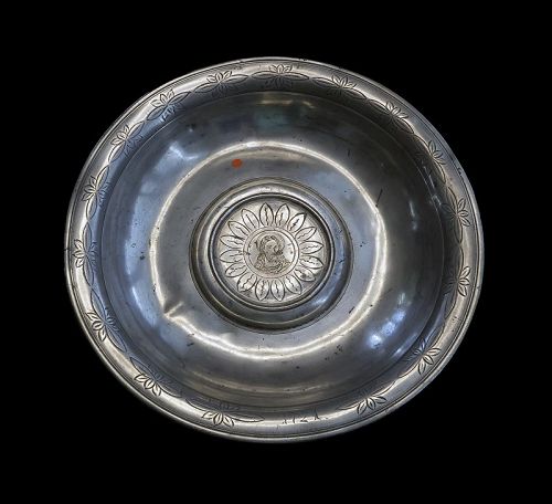 Important German Baptismal Pewter dish w Christ, dated 1721!