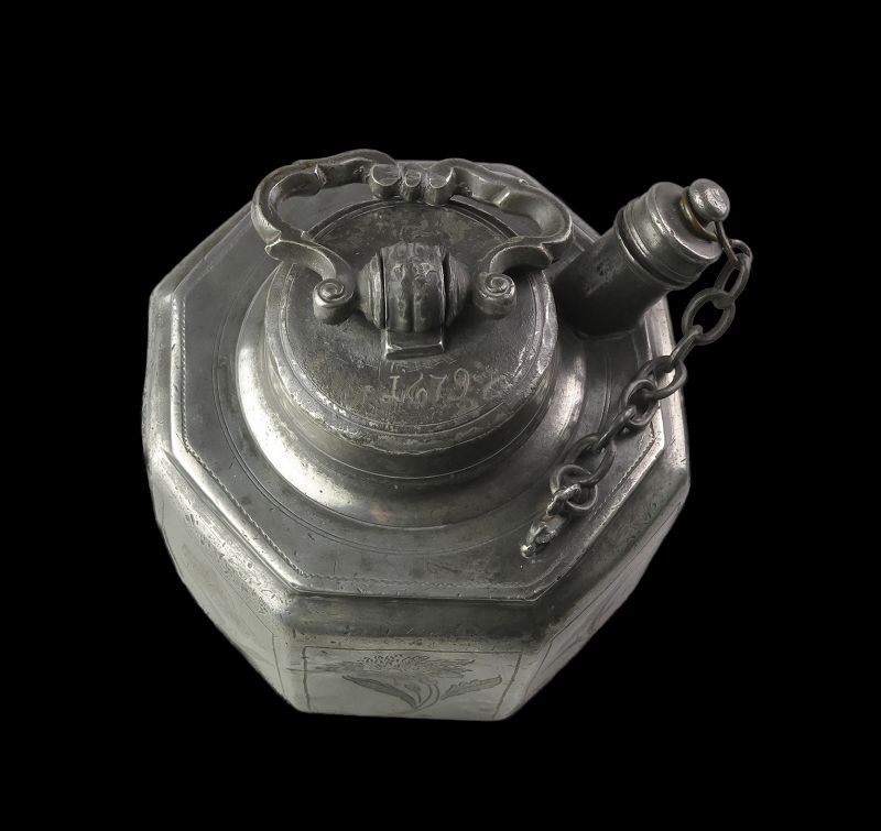 Rare 17th Century German Pewter Octagonal Tea Canister, 1679!