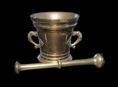 Huge brass apothecary mortar with dolphin handles, 17th. century