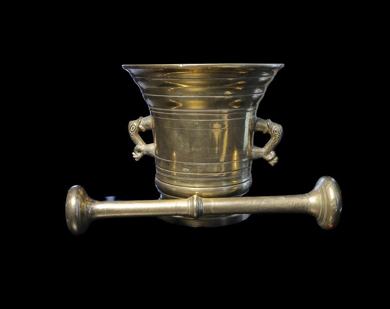 Huge brass apothecary mortar with dolphin handles, c. 1690