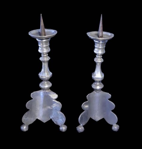 Pair of very early European Pewter pricket candlesticks, c. 1650!