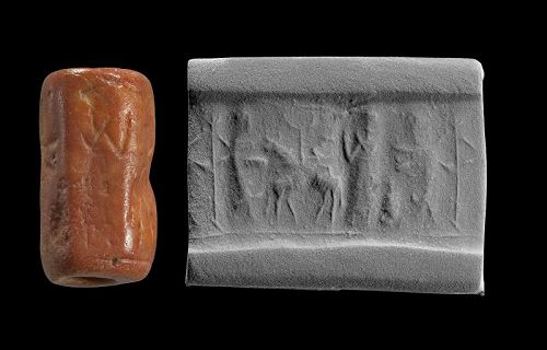 Attractive Redstone cylinder seal, Old Babylonian, 2002 - 1594 BC.