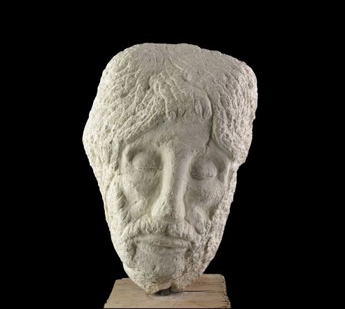Large Romanesque limestone head of christ, French School, 12th. cent.