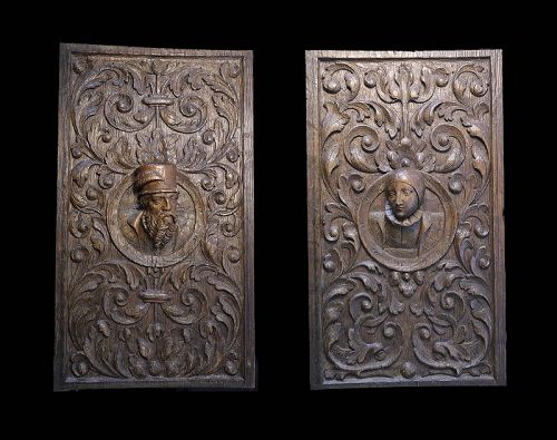 Set of two lovely dutch renaissance wooden panels w married couple!
