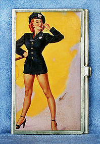 English Silver Pictorial Card ID Case-Pin Up Girl Police Woman 1940