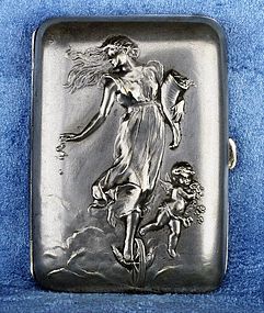 Antique French Art Nouveau Dropsy Girl Silver Plated Cigarette Box