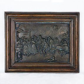 Bronze Wall Hanging Cast Plaque - Colonial Tavern Scene, Ornate Frame