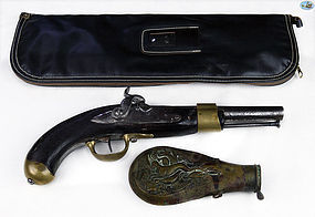 Antique Set of Pistol and Gun Powder Flask with Case Circa 1800